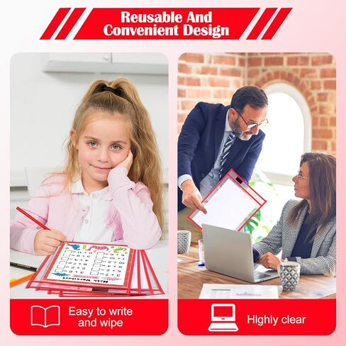 25 Pack Dry Erase Pockets Plastic Job Ticket Holders Shop Holder Order Pockets Clear Sleeves Tickets Folders Plastic Sleeves Paper Teacher Supplies for Classroom(9 x 12 in, Red in Kuwait