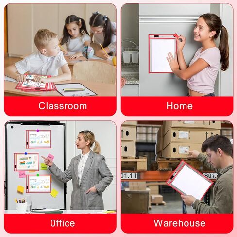 25 Pack Dry Erase Pockets Plastic Job Ticket Holders Shop Holder Order Pockets Clear Sleeves Tickets Folders Plastic Sleeves Paper Teacher Supplies for Classroom(9 x 12 in, Red in Kuwait