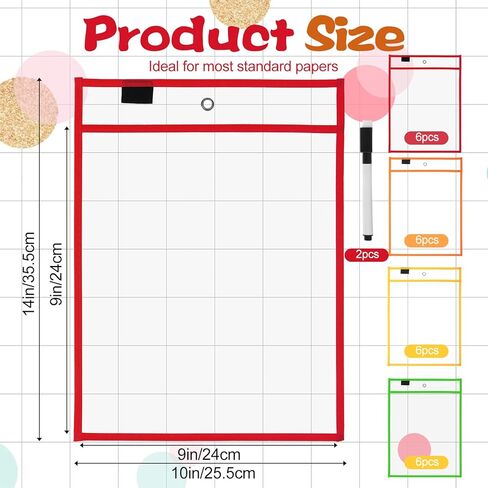 24 Pack Reusable Dry Erase Pocket Sleeves with 2 Markers, 10" x 14" Write and Wipe Pockets, Dry Erase Pouches in 4 Colors for Office Organization & Document Protection in Saudi Arabia