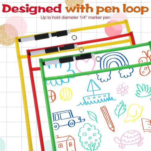 24 Pack Reusable Dry Erase Pocket Sleeves with 2 Markers, 10" x 14" Write and Wipe Pockets, Dry Erase Pouches in 4 Colors for Office Organization & Document Protection in Saudi Arabia