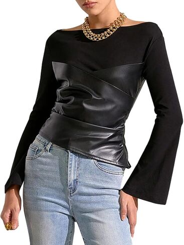 Women Black Pu Leather Splicing Tank Top Ruched Y2k Wrap Shirt Vintage Long Trumpet Sleeve Asymmetrical Tees Blouse in Saudi Arabia