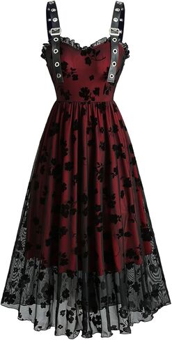 DRESSFO Women Gothic Flower Flocking Dress PU Strap Metal Buckle Layered A-Line Cocktail Midi Dress in Saudi Arabia