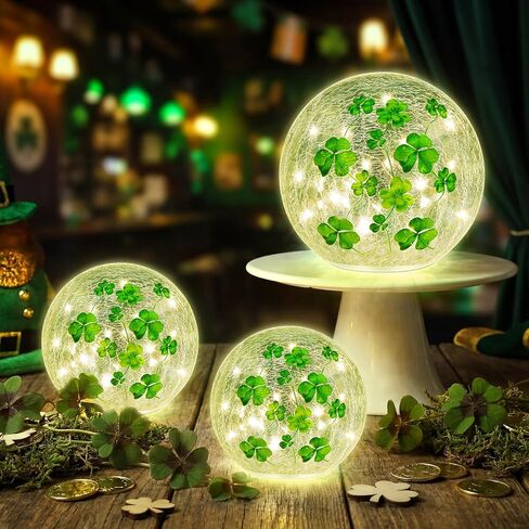 3 Pcs St. Patrick Lighted Decorative Glass Ball 3.9/4.7/5.9 Inch Four Leaf Clover Crackle LED Lights for Garden Table Globe LED Lamp Battery Operated for Outdoor Indoor Party Decoration Gift in Saudi Arabia