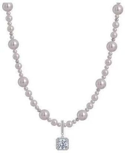 18K Gold Plated Pink Faux Pearl Strand Necklace for Women, Sparkling Cushion-Cut Cubic Zirconia Halo Pendant, Elegant Statement Jewelry with Shimmering Graduated Beads for Formal Wear in Saudi Arabia