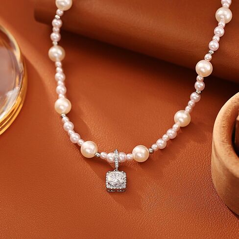 18K Gold Plated Pink Faux Pearl Strand Necklace for Women, Sparkling Cushion-Cut Cubic Zirconia Halo Pendant, Elegant Statement Jewelry with Shimmering Graduated Beads for Formal Wear in Saudi Arabia