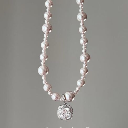 18K Gold Plated Pink Faux Pearl Strand Necklace for Women, Sparkling Cushion-Cut Cubic Zirconia Halo Pendant, Elegant Statement Jewelry with Shimmering Graduated Beads for Formal Wear in Saudi Arabia