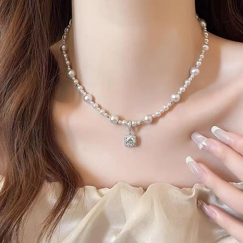18K Gold Plated Pink Faux Pearl Strand Necklace for Women, Sparkling Cushion-Cut Cubic Zirconia Halo Pendant, Elegant Statement Jewelry with Shimmering Graduated Beads for Formal Wear in Saudi Arabia