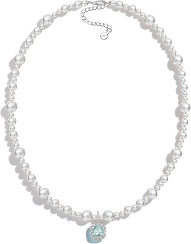 Pearl Strand Necklace, Created with Swarovski® Light Blue Crystal Pendant, 925 Sterling Silver Adjustable, Hypoallergenic Something Blue Gift for Women with Jewelry Box in Saudi Arabia