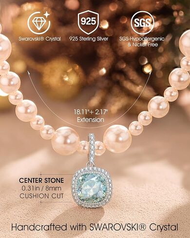 Pearl Strand Necklace, Created with Swarovski® Light Blue Crystal Pendant, 925 Sterling Silver Adjustable, Hypoallergenic Something Blue Gift for Women with Jewelry Box in Saudi Arabia