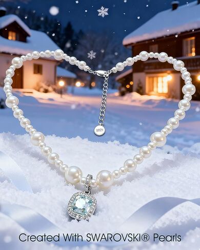 Pearl Strand Necklace, Created with Swarovski® Light Blue Crystal Pendant, 925 Sterling Silver Adjustable, Hypoallergenic Something Blue Gift for Women with Jewelry Box in Saudi Arabia