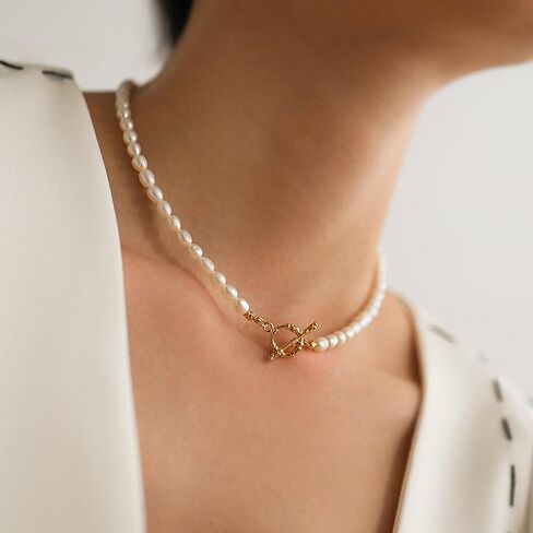 Shapes Studio 18K Gold Plated Toggle Pearl Chain Necklace, Pearl Necklace, Never Tarnish, Women Jewelry in Saudi Arabia