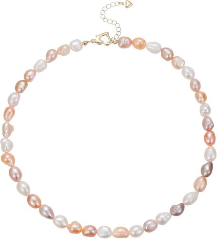 JaruJaru Multicolor Baroque Pearl Necklace, 8-9mm Freshwater Pearls in Multicolors, White/Coral/Lavender/Pink, 40cm with 5cm Extender, 14K Gold Plated Heart Clasp in Saudi Arabia