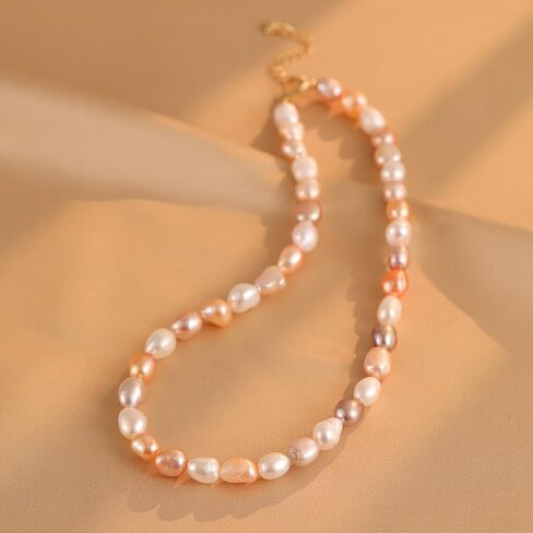 JaruJaru Multicolor Baroque Pearl Necklace, 8-9mm Freshwater Pearls in Multicolors, White/Coral/Lavender/Pink, 40cm with 5cm Extender, 14K Gold Plated Heart Clasp in Saudi Arabia