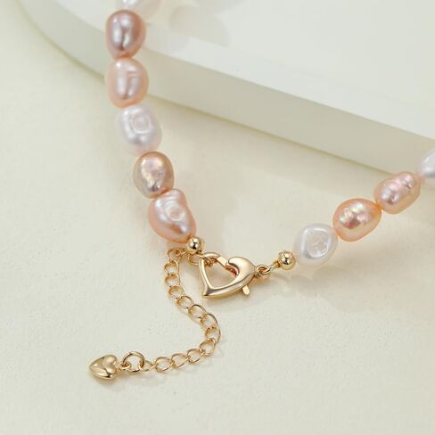 JaruJaru Multicolor Baroque Pearl Necklace, 8-9mm Freshwater Pearls in Multicolors, White/Coral/Lavender/Pink, 40cm with 5cm Extender, 14K Gold Plated Heart Clasp in Saudi Arabia