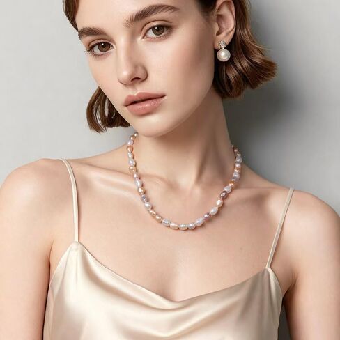 JaruJaru Multicolor Baroque Pearl Necklace, 8-9mm Freshwater Pearls in Multicolors, White/Coral/Lavender/Pink, 40cm with 5cm Extender, 14K Gold Plated Heart Clasp in Saudi Arabia