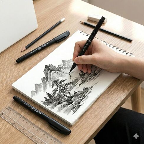 أقلام فرشاة الخط الكوري من BENEPISYO، عبوتان - تصميم أسود أنيق وبسيط للكتابة اليدوية، ومجلة الرصاص، وممارسة Seoye - طرف مرن in Kuwait