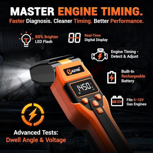 KZYEE KT80 ضوء توقيت رقمي مع ستروب LED، RPM/Tach، زاوية متقدمة، مسكن، اختبار الجهد الحقيقي 0-35 فولت، USB-C قابل لإعادة الشحن ونسخ احتياطي 12 فولت واختبار قابس الإشعال KZYEE KS30 in Kuwait