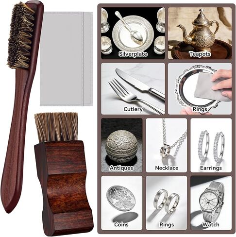6 Pieces Silver Polish Set， Set with 4 Horsehair Brushs & 2 Polishing Cloths,Detail Workewelry Jewelry Cleaning Brush for Silverware, Plates, Earring, Cutlery,Ring in Kuwait