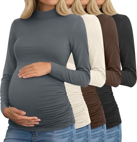 Riyiper 4 Pack قمصان الأمومة النسائية ، والأكمام الطويلة الحمل تتصدر الجانبين الحوامل المحملات ماما وهمية يتيح in Saudi Arabia