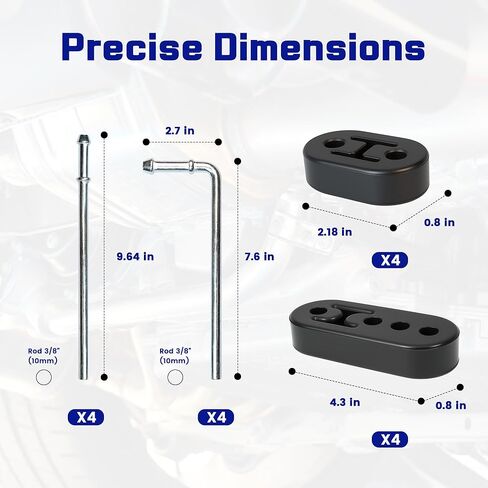 16PCS Rubber Exhaust Hangers, Adjustable 2 Holes and 4 Holes (0.47" Hole Diameter), 90°7.6" Long + Straight 10" Long Muffler Hanger Rod, Universal exhaust hanger Rod in Kuwait