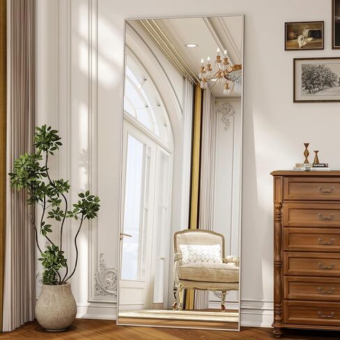 56" x 21" Full Length Mirror with Stand, Standing/Leaning/Wall Mounted Full Body Floor Mirror for Bedroom, Living Room, Entryway, Cloakroom with Aluminum Alloy Frame Silver in Kuwait