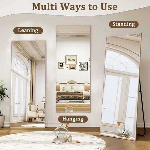 56" x 21" Full Length Mirror with Stand, Standing/Leaning/Wall Mounted Full Body Floor Mirror for Bedroom, Living Room, Entryway, Cloakroom with Aluminum Alloy Frame Silver in Kuwait