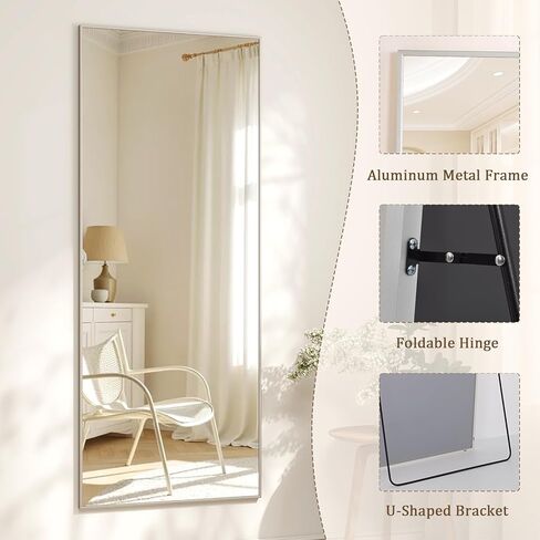 56" x 21" Full Length Mirror with Stand, Standing/Leaning/Wall Mounted Full Body Floor Mirror for Bedroom, Living Room, Entryway, Cloakroom with Aluminum Alloy Frame Silver in Kuwait