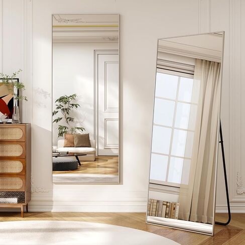 56" x 21" Full Length Mirror with Stand, Standing/Leaning/Wall Mounted Full Body Floor Mirror for Bedroom, Living Room, Entryway, Cloakroom with Aluminum Alloy Frame Silver in Kuwait