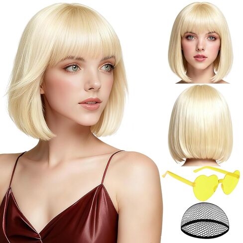 PLULON Blonde Short Bob Wig with Bangs for Women, Colorful Neon Short Bob Synthetic Hair Wigs with Hair Cap Heart Sunglasses for Girls Daily Bachelorette Halloween Costume Party Supplies in Saudi Arabia