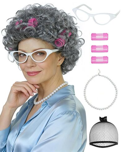 JoneTing Old Lady Wig【+ Hair Cap + White Glasses + Pearl Necklace with Hair Rollers】 Short Silver Gray Curly Wigs for Adults Granny Wig 100 Days of School Costume for Halloween Christmas Party Oufit in Saudi Arabia