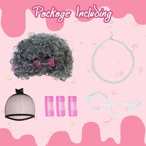 JoneTing Old Lady Wig【+ Hair Cap + White Glasses + Pearl Necklace with Hair Rollers】 Short Silver Gray Curly Wigs for Adults Granny Wig 100 Days of School Costume for Halloween Christmas Party Oufit in Saudi Arabia