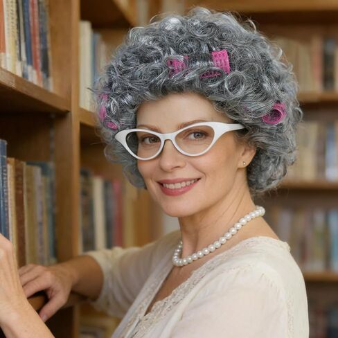 JoneTing Old Lady Wig【+ Hair Cap + White Glasses + Pearl Necklace with Hair Rollers】 Short Silver Gray Curly Wigs for Adults Granny Wig 100 Days of School Costume for Halloween Christmas Party Oufit in Saudi Arabia