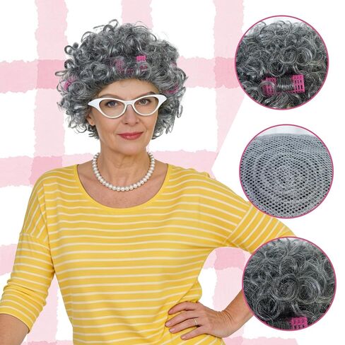 JoneTing Old Lady Wig【+ Hair Cap + White Glasses + Pearl Necklace with Hair Rollers】 Short Silver Gray Curly Wigs for Adults Granny Wig 100 Days of School Costume for Halloween Christmas Party Oufit in Saudi Arabia