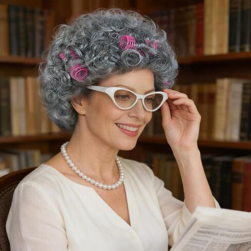 JoneTing Old Lady Wig【+ Hair Cap + White Glasses + Pearl Necklace with Hair Rollers】 Short Silver Gray Curly Wigs for Adults Granny Wig 100 Days of School Costume for Halloween Christmas Party Oufit in Saudi Arabia