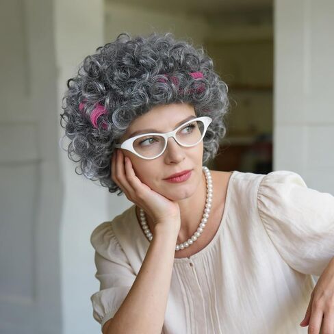 JoneTing Old Lady Wig【+ Hair Cap + White Glasses + Pearl Necklace with Hair Rollers】 Short Silver Gray Curly Wigs for Adults Granny Wig 100 Days of School Costume for Halloween Christmas Party Oufit in Saudi Arabia