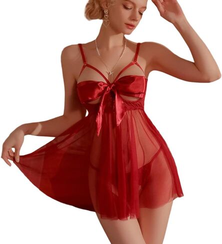 SINROYEE Women's Sexy Temptation Nightdress Dress Sexy Bow Mesh Sheer Lace Babydoll Lingerie Set in Saudi Arabia