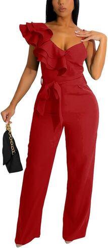 HBQ Womens Casual One Piece Jumpsuits V-Neck Sleeveless Ruffle Elegant Romper Wide Leg Pant Sexy Party Clubwear Overalls in Saudi Arabia
