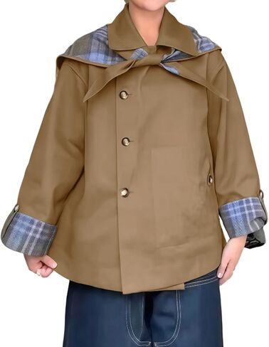 CHARTOU Women's Short Trench Coats Fall Notch Collar Plaid Reversible Oversized Jacket with Pockets in Saudi Arabia