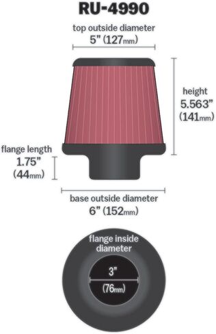 K&N Universal Clamp-On Air Intake Filter: High Performance, Premium Washable, Replacement Filter: Flange Diameter: 3 In, Filter Height: 5.5625 In, Flange Length: 1.75 In, Shape: Round Tapered, RU-4990 in Saudi Arabia
