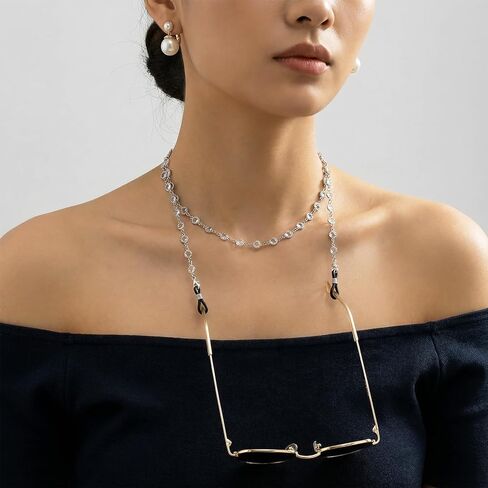 سلسلة نظارات مطرزة بالكريستال للنساء، سلسلة نظارات كريستال فضية للفتيات، سلاسل خرز النظارات وحاملات نظارات العين حول الرقبة وسلاسل النظارات للنساء بحبل القراءة in Saudi Arabia