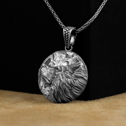 قلادة الذئب السلتي، قلادة فضية ساحرة للرجال من الذئب مع إغاثة القمر، مجوهرات سلتيك، الأساطير الإسكندنافية، قلادة هدية ذئب الفايكنج in Kuwait