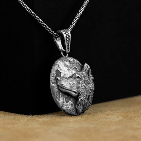 قلادة الذئب السلتي، قلادة فضية ساحرة للرجال من الذئب مع إغاثة القمر، مجوهرات سلتيك، الأساطير الإسكندنافية، قلادة هدية ذئب الفايكنج in Kuwait