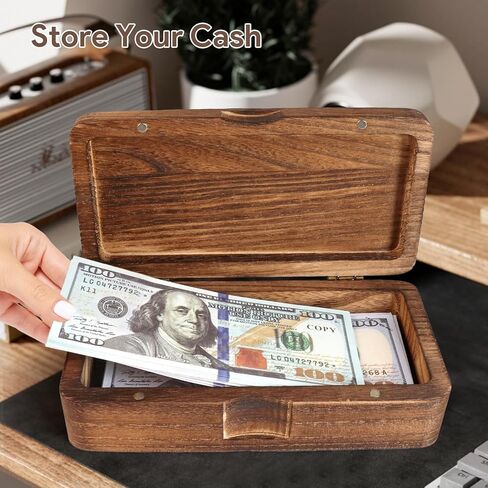 Wooden Currency Money Cash Tray with Hinged Lid and Magnetic Closure, Vintage Single Compartment Cash Case Bank Organiser Storage Money Bill Currency Box Holder Container Moneyboxes in Saudi Arabia