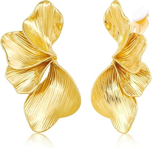 Gold Clip On Earrings for Women Textured Petal Statement Earrings Boho Floral Non Pierced Jewelry in Saudi Arabia