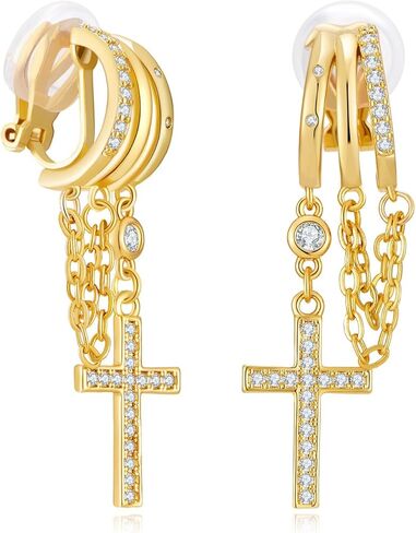 Clip on Dangle Earrings for Women Triple Huggie Hoop Clips 14k Gold Plated Cute Drop Statement Chain Earring Lightweight Non-Pierced Jewelry Gifts in Saudi Arabia