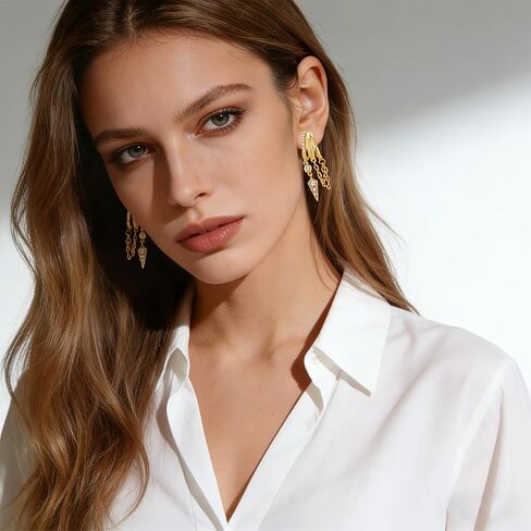 كليب على الأقراط المتدلية للنساء الثلاثي هوجي هوب كليب 14K مطلية بالذهب لطيف قطرة بيان سلسلة القرط خفيفة الوزن غير مثقوبة مجوهرات هدايا in Kuwait