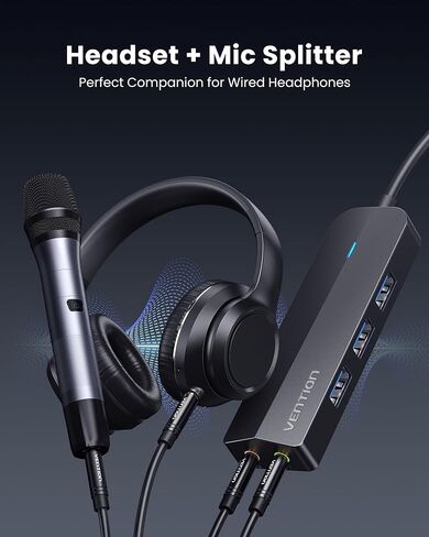 VENTION USB 3.0 Hub 3-Port USB بطاقة الصوت 2 في 1 محول صوت ستيريو خارجي 3.5 ملم مع سماعة رأس وميكروفون عالي السرعة للكمبيوتر المحمول Mac OS Windows Linux in Kuwait