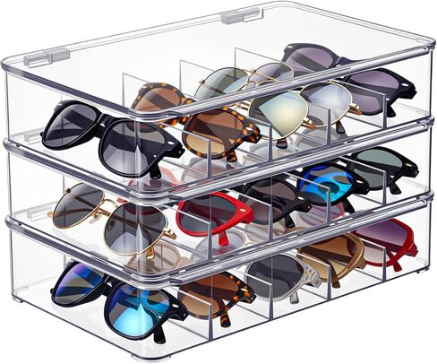 3 Pack Clear Acrylic Sunglasses Organizer Box Stackable Eyeglass Storage Case with Lid, 5 Slots for Multiple Glasses Display in Saudi Arabia