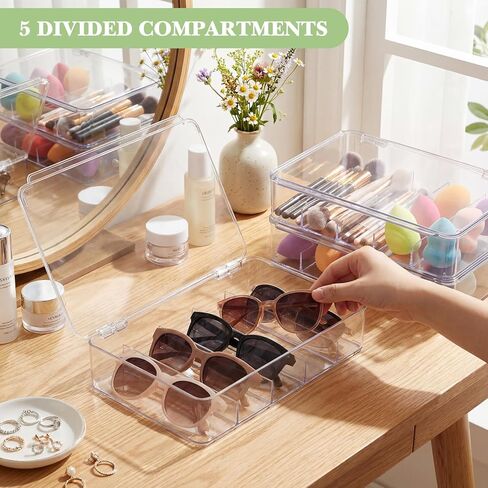 3 Pack Clear Acrylic Sunglasses Organizer Box Stackable Eyeglass Storage Case with Lid, 5 Slots for Multiple Glasses Display in Saudi Arabia