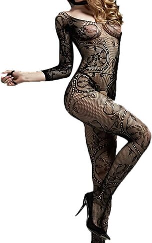 بدلة نسائية مثيرة من الدانتيل بشبكة صيد السمك بأكمام طويلة شبكية شفافة من خلال تصميم مفتوح، جوارب لكامل الجسم، بدلة شبكية in Kuwait